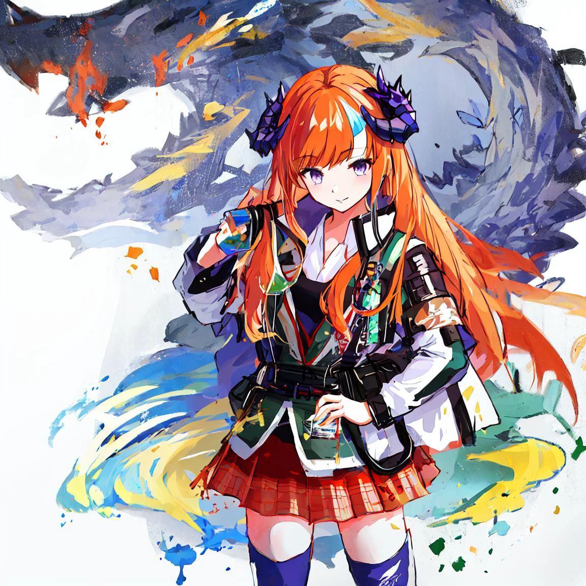 bagpipe,1girl,bagpipe\(origin\), bagpipe\(race_queen\),long_hair, orange_hair,plaid_skirt, purple_eyes,plaid,thighhighs,skirt,breasts,dragon_horns,bangs,blunt_bangs,
{{{{{illustration}}}}},by Yuko Shimizu,chinese dragon,chinese girl,female focus on, {{color Ink wash painting}},{{ink splashing}},{{color splashing}},{{{colorful}}},{{sketch}}, Masterpiece,best quality, beautifully painted,highly detailed,