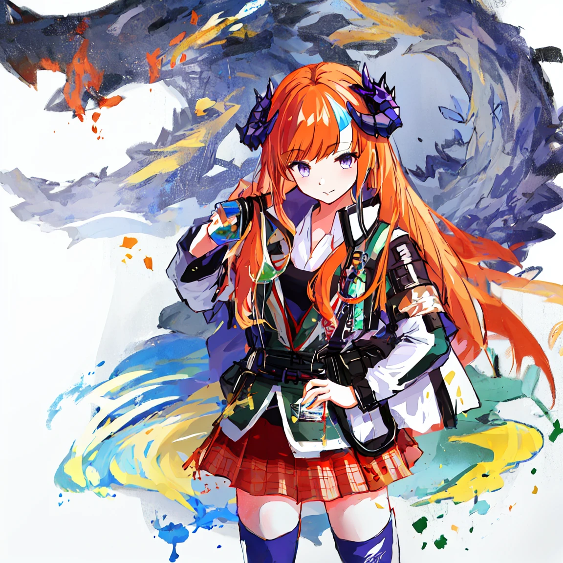 bagpipe,1girl,bagpipe\(origin\), bagpipe\(race_queen\),long_hair, orange_hair,plaid_skirt, purple_eyes,plaid,thighhighs,skirt,breasts,dragon_horns,bangs,blunt_bangs,
{{{{{illustration}}}}},by Yuko Shimizu,chinese dragon,chinese girl,female focus on, {{color Ink wash painting}},{{ink splashing}},{{color splashing}},{{{colorful}}},{{sketch}}, Masterpiece,best quality, beautifully painted,highly detailed,
