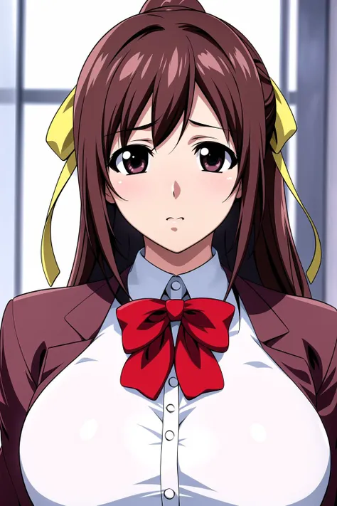 Simple White Background,
dynamic pose,standing at attention,
brown_jacket,Green_pleated_skirt,school uniform,red bowtie, 
<lora:Sohara_Mitsuki_LostProperty-KK77-V2:0.7>,
big eyes,brown_hair,hair_between_eyes, long_hair,brown_eyes, hair ribbon,
<lora:Oda_Non_Style-KK77-V2:0.3>,<lora:more_details:0.1>,
1 girl, 20yo,Young female,Beautiful long legs,Beautiful body,
Beautiful Nose,Beautiful character design, perfect eyes, perfect face,expressive eyes,perfect balance,
looking at viewer,(Focus on her face),closed mouth, (innocent_big_eyes:1.0),(Light_Smile:0.3),
official art,extremely detailed CG unity 8k wallpaper, perfect lighting,Colorful, Bright_Front_face_Lighting,White skin,
(masterpiece:1.0),(best_quality:1.0), ultra high res,4K,ultra-detailed,
photography, 8K, HDR, highres, absurdres:1.2, Kodak portra 400, film grain, blurry background, bokeh:1.2, lens flare, (vibrant_color:1.2),professional photograph,
(Beautiful,large_Breasts:1.4), (beautiful_face:1.5),(narrow_waist),