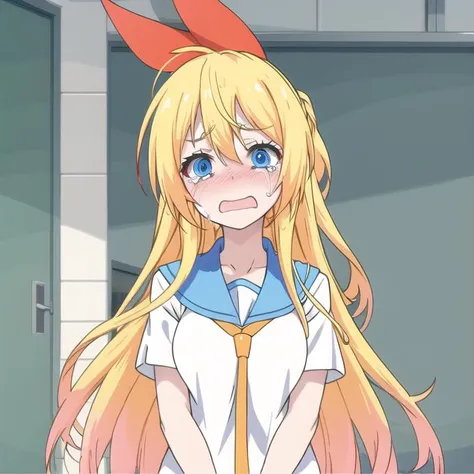 <lora:chitoge5:0.7>, red hair ribbon, blonde hair, blue eyes, (bonyari_high_school_uniform :1.0), white top, medium breasts, crying, tears