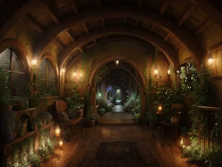 <lyco:hobbit house_v1.0:1.0>  hobbit house, flowery, organic, Sun Room, realistic, night