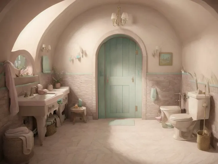 <lyco:hobbit house_v1.0:1.0>  hobbit house, pastel colors, bathroom, realistic