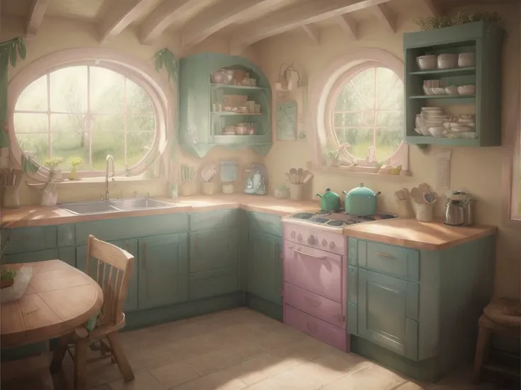 <lyco:hobbit house_v1.0:1.0>  hobbit house, pastel colors, kitchen