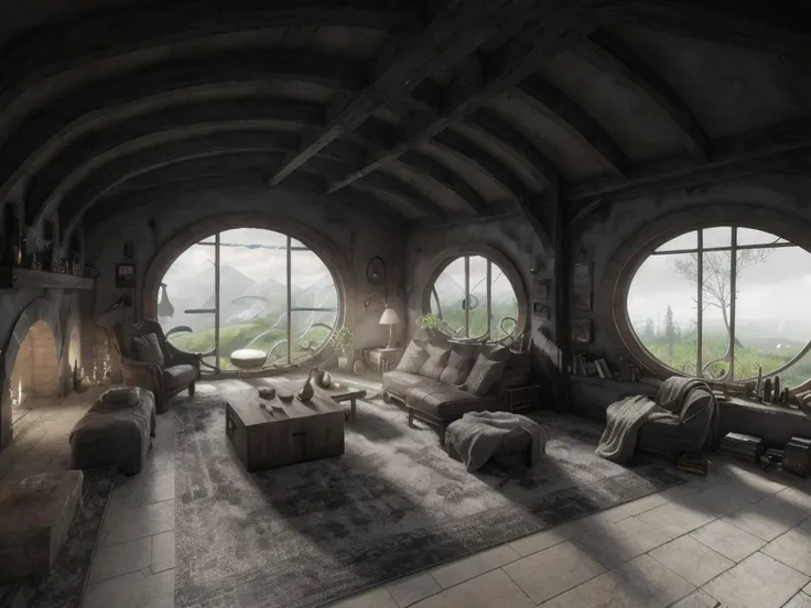 <lyco:hobbit house_v1.0:1.0>  hobbit house, modern, brutalism, livingroom, realistic