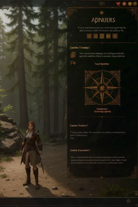 <lora:VYDIA_v1:0.7>
a (adventure rpg VYDIA character), (npc dialog window), (options list overlay), item descriptions and icons, (top health bar hud), skills icons overlay, compass overlay  BREAK
(realistic graphics), dutch angle, dolly zoom, deep shadows, intricate details