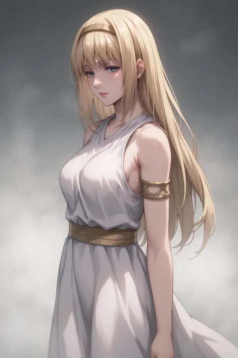 score_9, score_8_up, score_7_up, BREAK source_anime, <lora:Ymir Fritz-PonyXL-lora-faxtron:0.8> ymir fritz, blue eyes, blonde hair, long hair, medium breasts, armlet, bare shoulders, hairband, long white tunic,