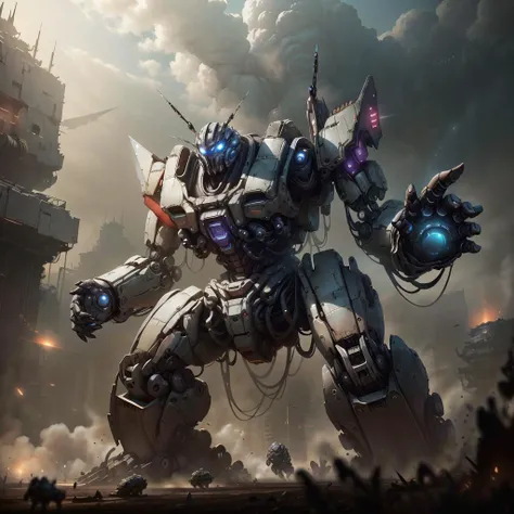 <lora:NightmarishAIv2:.8>, NightmarishAI battle mech on battlefield