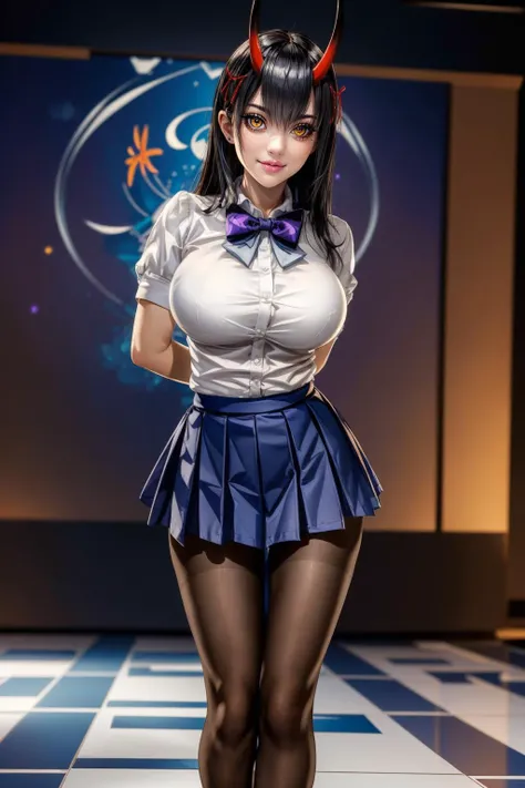 (ultra realistic,32k, masterpiece:1.2),(high detailed skin:1.1),( high quality:1.1),
<lora:suzuyav2:0.7>(smile , v-shaped eyebrows:1.1),(eyeliner,long lashes, mascara:1.1),black_hair, suzuya \(azur lane\),blue_skirt, bow, bowtie, breasts, elbow_gloves, gloves, hair_between_eyes, hair_ornament, horns, long_hair, oni_horns, pantyhose, pleated_skirt, purple_bow, purple_bowtie, school_uniform, shirt, short_sleeves, skirt, white_gloves, white_shirt, yellow_eyes, simulation, immersive digital realm, holographic displays, limitless possibilities (blurry background:1.2),,(looking at viewer,Standing, arms behind back,(lean forward:1.2),, huge breast,large breast,<lora:add_detail:0.86>,full body,
(bioluminiscent:1.1),