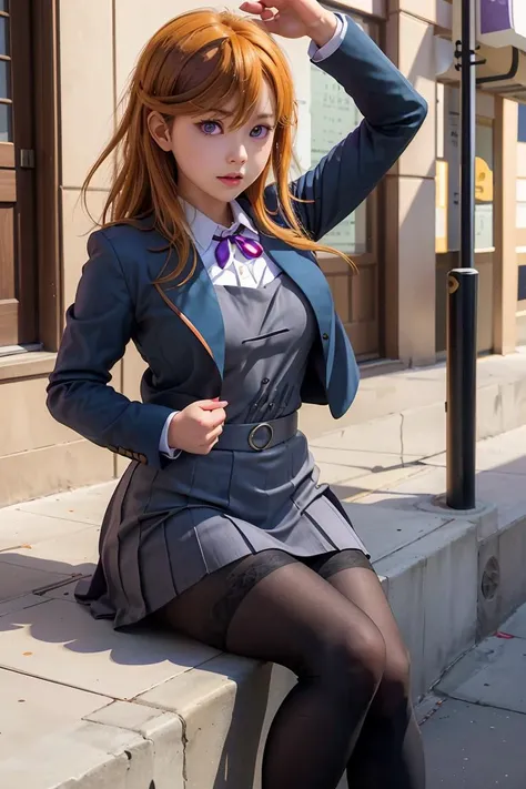 (masterpiece, best quality), 1girl, <lora:shibuya_kanon:1> aakanon,purple eyes,long hair,bangs,hair between eyes,yuigaoka school uniform,blue jacket,grey dress,long sleeves,white shirt,red ribbon,grey skirt,black pantyhose,loafers