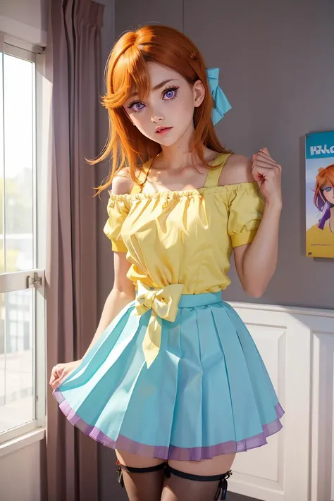 (masterpiece, best quality), 1girl, <lora:shibuya_kanon:1> cckanon,purple eyes,long hair,bangs,hair between eyes,hair bow,yellow shirt,off shoulder,short sleeves,(blue skirt:1.2),frilled skirt,white thighhighs,(red high heels:1.2)