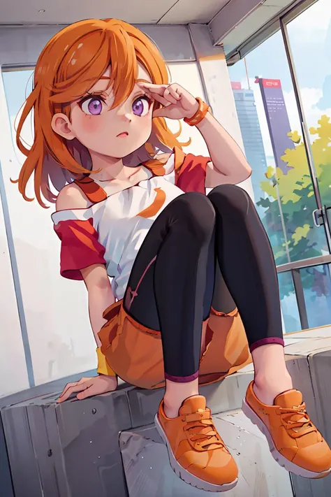 (masterpiece, best quality), 1girl, <lora:shibuya_kanon:1> bbkanon,purple eyes,long hair,bangs,hair between eyes,white shirt,off shoulder,short sleeves,wristband,legwear under shorts,(shorts:1.2),(black leggings:1.2),orange footwear