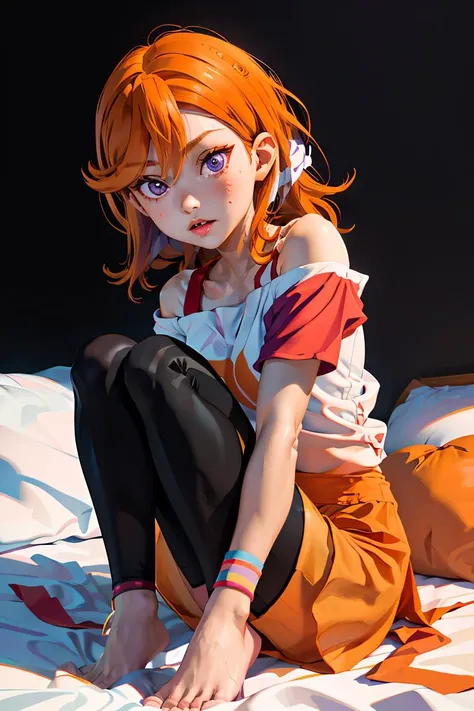 (masterpiece, best quality), 1girl, <lora:shibuya_kanon:1> bbkanon,purple eyes,long hair,bangs,hair between eyes,white shirt,off shoulder,short sleeves,wristband,legwear under shorts,(shorts:1.2),(black leggings:1.2),orange footwear