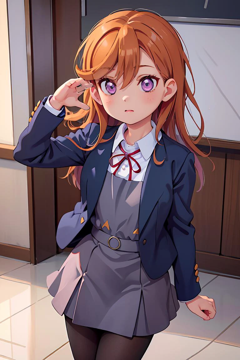 (masterpiece, best quality), 1girl, <lora:shibuya_kanon:1> aakanon,purple eyes,long hair,bangs,hair between eyes,yuigaoka school uniform,blue jacket,grey dress,long sleeves,white shirt,red ribbon,grey skirt,black pantyhose,loafers