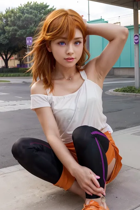 (masterpiece, best quality), 1girl, <lora:shibuya_kanon:1> bbkanon,purple eyes,long hair,bangs,hair between eyes,white shirt,off shoulder,short sleeves,wristband,legwear under shorts,(shorts:1.2),(black leggings:1.2),orange footwear