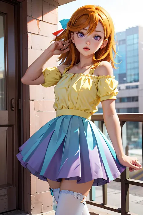 (masterpiece, best quality), 1girl, <lora:shibuya_kanon:1> cckanon,purple eyes,long hair,bangs,hair between eyes,hair bow,yellow shirt,off shoulder,short sleeves,(blue skirt:1.2),frilled skirt,white thighhighs,(red high heels:1.2)