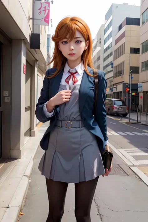 (masterpiece, best quality), 1girl, <lora:shibuya_kanon:1> aakanon,purple eyes,long hair,bangs,hair between eyes,yuigaoka school uniform,blue jacket,grey dress,long sleeves,white shirt,red ribbon,grey skirt,black pantyhose,loafers