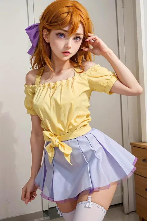(masterpiece, best quality), 1girl, <lora:shibuya_kanon:1> cckanon,purple eyes,long hair,bangs,hair between eyes,hair bow,yellow shirt,off shoulder,short sleeves,(blue skirt:1.2),frilled skirt,white thighhighs,(red high heels:1.2)