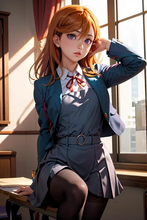 (masterpiece, best quality), 1girl, <lora:shibuya_kanon:1> aakanon,purple eyes,long hair,bangs,hair between eyes,yuigaoka school uniform,blue jacket,grey dress,long sleeves,white shirt,red ribbon,grey skirt,black pantyhose,loafers