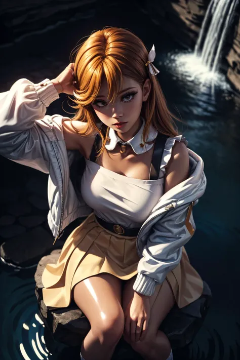 (ultra realistic,32k,RAW photo:1.1),(high detailed skin:1.1), 8k uhd, dslr, high quality, film grain, (makeup, mascara:1.1), lips,(thick\lips\), 
(shiny glossy translucent clothing:1.1), <lora:shibuya_kanon:0.7>ddkanon,long hair,bangs,hair ornament,white jacket,dress,detached collar,long sleeves,off shoulder,blue skirt,frills,socks,white footwear, <lora:add_detail:0.75>, huge breast, (upper body:1.2),
(from above, sitting:1.1),
 (busty:1.1) ,  (chubby:0.1),(dynamic lighting:1.1), <lora:LowRA:0.4>, dark theme starlight falls, cascading starlight, ethereal melodies, sacred waterfall