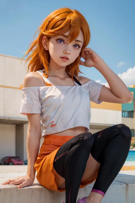 (masterpiece, best quality), 1girl, <lora:shibuya_kanon:1> bbkanon,purple eyes,long hair,bangs,hair between eyes,white shirt,off shoulder,short sleeves,wristband,legwear under shorts,(shorts:1.2),(black leggings:1.2),orange footwear