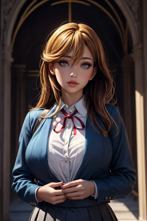 (ultra realistic,32k,RAW photo:1.1),(high detailed skin:1.1), 8k uhd, dslr, high quality, film grain, (makeup, mascara:1.1), lips,(thick\lips\),
(shiny glossy translucent clothing:1.1), <lora:shibuya_kanon:0.7>aakanon,(purple eyes:0.8),long hair,bangs,hair between eyes,yuigaoka school uniform,blue jacket,grey dress,long sleeves,white shirt,red ribbon,grey skirt,black pantyhose,loafers, <lora:add_detail:0.8>, huge breast, (upper body:1.1),
head tilted to the side,
(busty:1.1) , (chubby:0.1),(iridescence:1.1), <lora:LowRA:0.4>, dark theme ancient temple, intricate architecture, spiritual ambiance, sacred