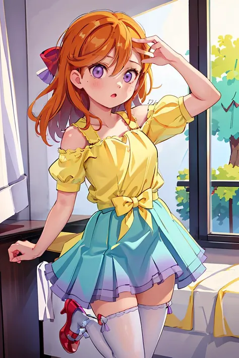 (masterpiece, best quality), 1girl, <lora:shibuya_kanon:1> cckanon,purple eyes,long hair,bangs,hair between eyes,hair bow,yellow shirt,off shoulder,short sleeves,(blue skirt:1.2),frilled skirt,white thighhighs,(red high heels:1.2)
