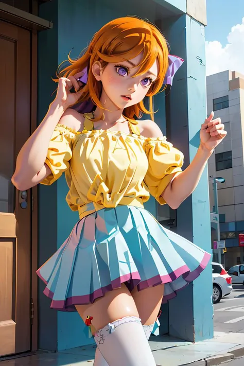 (masterpiece, best quality), 1girl, <lora:shibuya_kanon:1> cckanon,purple eyes,long hair,bangs,hair between eyes,hair bow,yellow shirt,off shoulder,short sleeves,(blue skirt:1.2),frilled skirt,white thighhighs,(red high heels:1.2)