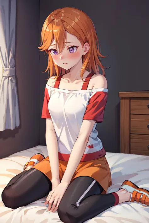 masterpiece,best quality,highres,ultra-detailed,bbkanon,purple eyes,long hair,bangs,hair between eyes,white shirt,off shoulder,short sleeves,wristband,legwear under shorts,(shorts:1.2),(black leggings:1.2),orange footwear,<lora:shibuya_kanon:0.8>,indoors,bed,sitting,blush,embarrass,hands_on_lap,wariza,