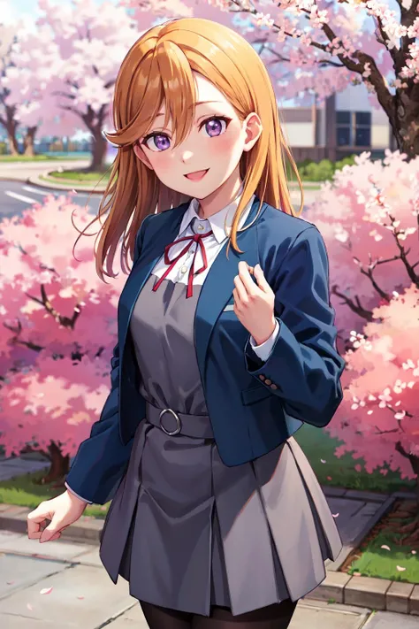 masterpiece,best quality,highres,ultra-detailed,aakanon,purple eyes,long hair,bangs,hair between eyes,yuigaoka school uniform,blue jacket,grey dress,long sleeves,white shirt,red ribbon,grey skirt,black pantyhose,loafers,<lora:shibuya_kanon:0.8>,outdoors,standing,cowboy shot,cherry blossoms,smile,