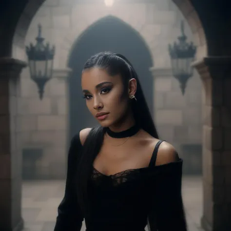 photo of (ohwx woman) as Wednesday Adamas, wearing gothic clothes, braided pigtails, in a castle, sharp focus, looking at the camera, makeup, cinematic look, <lora:ArianaGrande:1>