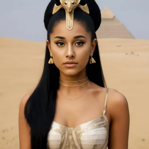 Photo of (ohwx woman) <lora:ArianaGrande:1> as an Egyptian queen, serpent headdress, golden serpent jewelry. pyramids, Egypt
