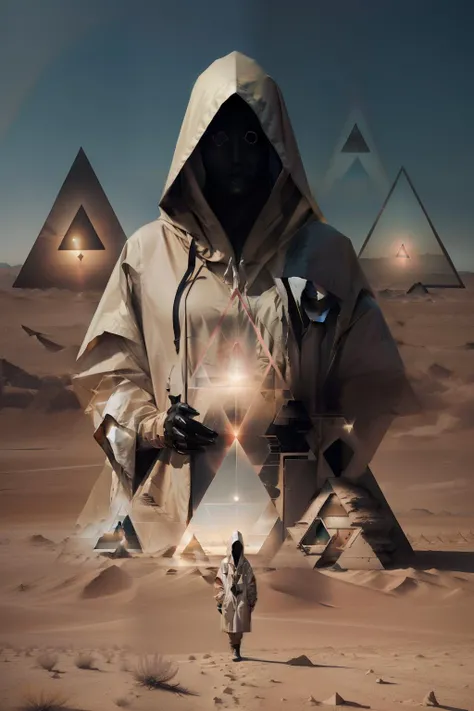 a person in a hooded jacket standing in a desert area with a triangle in the middle of the image, Beeple, dark art, an album cover, rayonism <lora:Occult_Geometry:0.8>