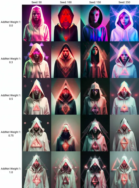 a woman in a salmon dress with a hoodie on and a  ivory triangle in front of her face, Elsa Bleda, occult, a hologram, holography