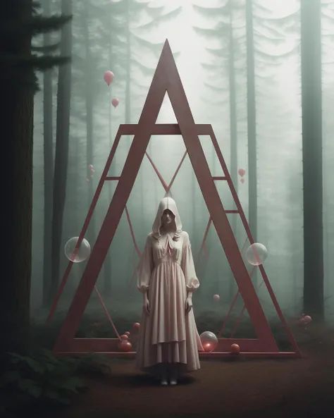 a woman in a chocolate dress standing in front of a triangle in the woods with balloons hanging from the ceiling, Arabella Rankin, promotional image, an album cover, aestheticism, cyberpunk art, kintsugi, modern fine art, fractal, intricate, elegant, highly detailed, digital photography, subsurface scattering, by jheronimus bosch and greg rutkowski, real life,