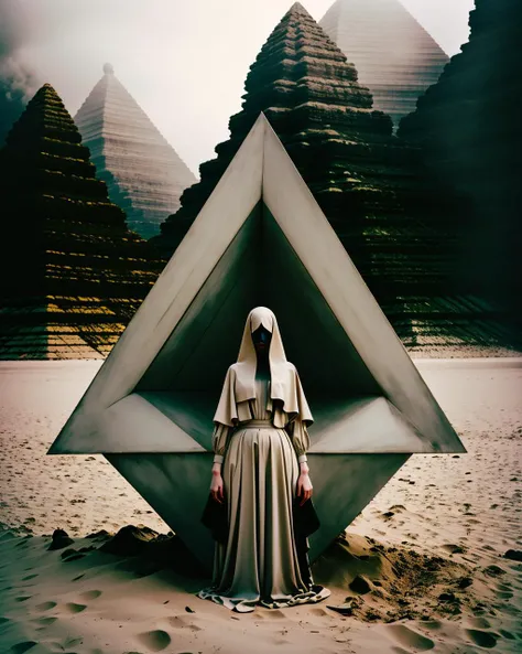a person with a chestnut outfit and a blue-green object in their hands and a celadon object in the other hand, amy sol, sacred geometry, a surrealist sculpture, pop surrealism, occult, an album cover, abstract illusionism, cyberpunk art, sense of awesome, Hyperrealistic , inspired by Blade Runner Things to Come (1936) ,maximalist, by Christopher Nolan , photo by Matt Black , color mood taupe
