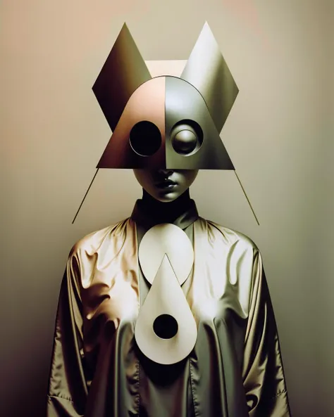a person with a taupe outfit and a vermilion object in their hands and a ultramarine object in the other hand, amy sol, sacred geometry, a surrealist sculpture, pop surrealism, occult, an album cover, abstract illusionism, cyberpunk art, sense of awesome, Hyperrealistic , inspired by Blade Runner Memoirs of an Invisible Man (1992) ,maximalist, by Christopher Nolan , photo by Sayaka Maruyama , color mood bistre