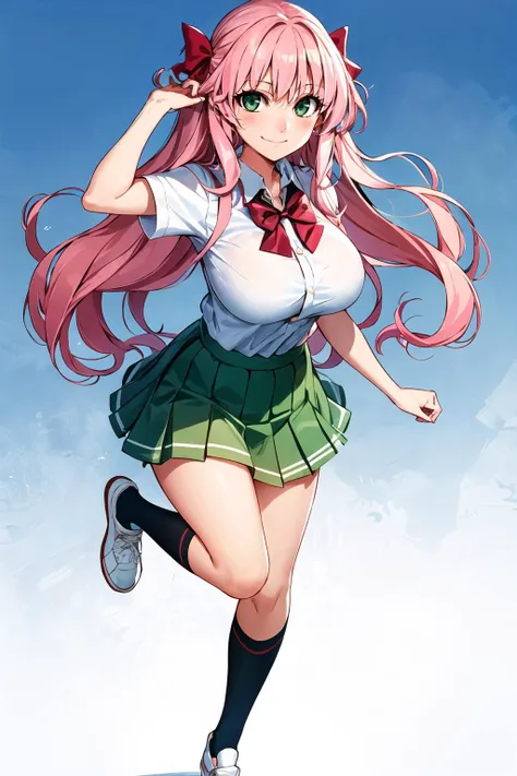 masterpiece, best quality, 1girl, solo, long hair, breasts, looking at viewer, blush, smile, bangs, skirt, large breasts, simple background, shirt, white background, bow, closed mouth, school uniform, green eyes, standing, full body, white shirt, pink hair, short sleeves, pleated skirt, shoes, socks, collared shirt, miniskirt, bowtie, huge breasts, arm up, gradient, kneehighs, gradient background, white footwear, standing on one leg, green skirt, black socks, purple bow, shirt tucked in, uwabaki, purple bowtie, tented shirt <lora:morii-shizuki-Style-v1_573280:1>