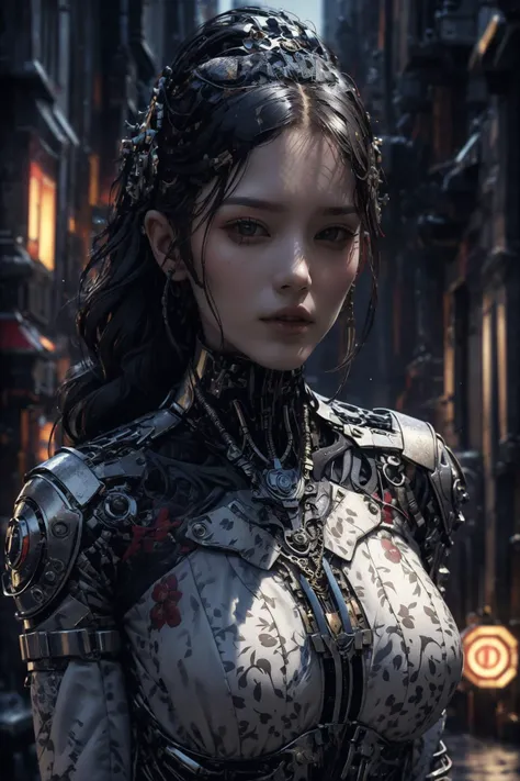 Best quality, masterpiece, ultra high res, raw photo, beautiful and aesthetic,deep shadow, dark theme,(photorealistic:1.4), (dim light:1.2)
(1girl,  cyber, flower print shirt), slim body, fit, ((looking at viewer)), (((half body)))