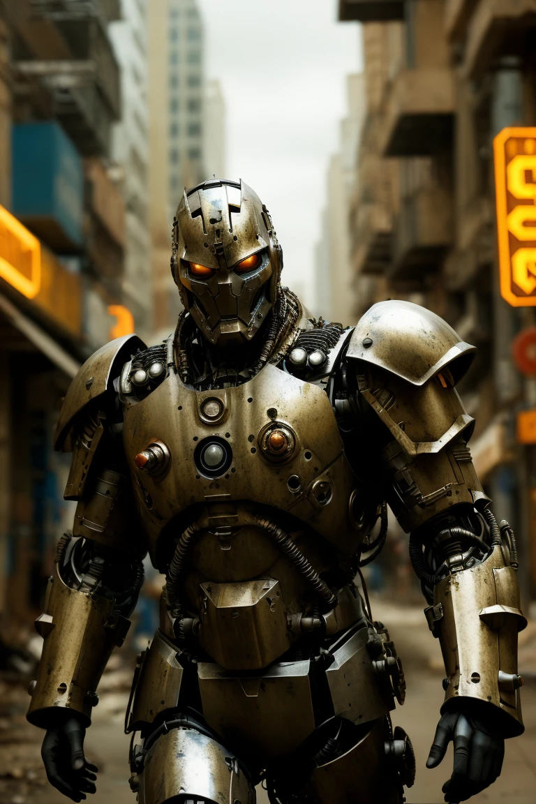 cinematic photo cyber robotic nuclear reactor powered warrior king in armor, torn tunic, rusty gritty dusty metal texture, sharp focus, fantasy night city, dim light
<lora:Cyber_relib_80st_64_128:0.7> . 35mm photograph, film, bokeh, professional, 4k, highly detailed