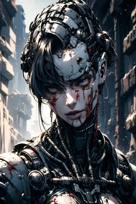 (masterpiece:1.1), (best quality:1.1), (detailed:1.1), (vibrant colors:1.2), BREAK,
(post-apoc:1.0), (postapoc_scenery:1.0), (wasteland:1.0), <lora:ApocalypseEngine:0.6>, BREAK,
(solo:1.2), (head and chest:1.2), (1girl:1.2), (pale face:1.0), (cyborg:1.2), (cyber:1.0), (tears of blood:1.1), (cryingblood:1.2), (looking away:1.0), <lora:CyberWorld_v1.1:0.8>, <lora:CryingBlood:0.8>