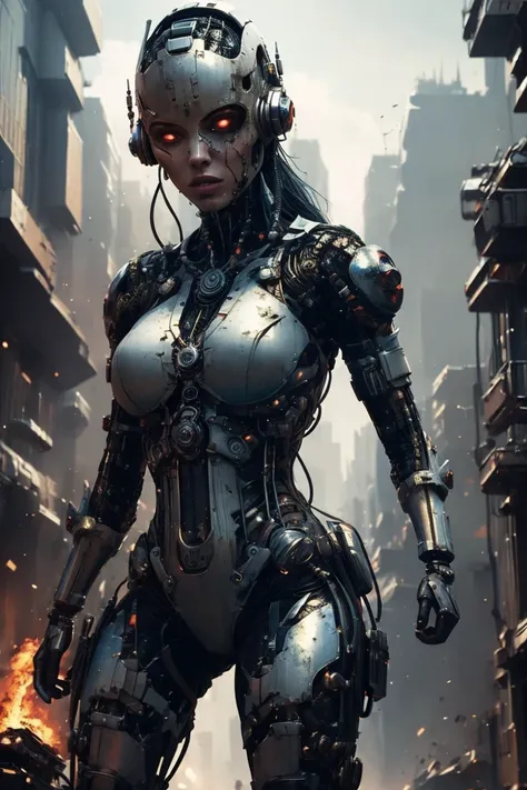 Giant Cyberpunk Female Mechanical Titan,Assembling giant carbon fiber mechanical breast structural modules,Dark ruins of ruined city