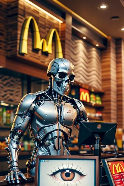 (OverallDetail, cinematic), cyber (skull) cyborg fast food cashier, mcdonalds, glowing red (terminator eyes), (sharp_focus:1.2), SCIENCE FICTION, <lora:CyberWorld_v1.1:.6><lora:hipoly_3dcg_v7-epoch:0.2>