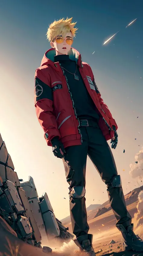 vash the stampede, (1boy, mechanical arms:1.5), red coat, round eyewear, standing,
(extremely detailed CG unity 8k wallpaper, masterpiece, best quality, ultra-detailed, best shadow, volumetric lighting), (beautiful detailed face, beautiful detailed eyes), High contrast, high saturation, (best illumination, an extremely delicate and beautiful),
mksks style, beautiful background, outdoors, desert, light particles, dust, spacecraft, dune \(series\), post-apocalypse,