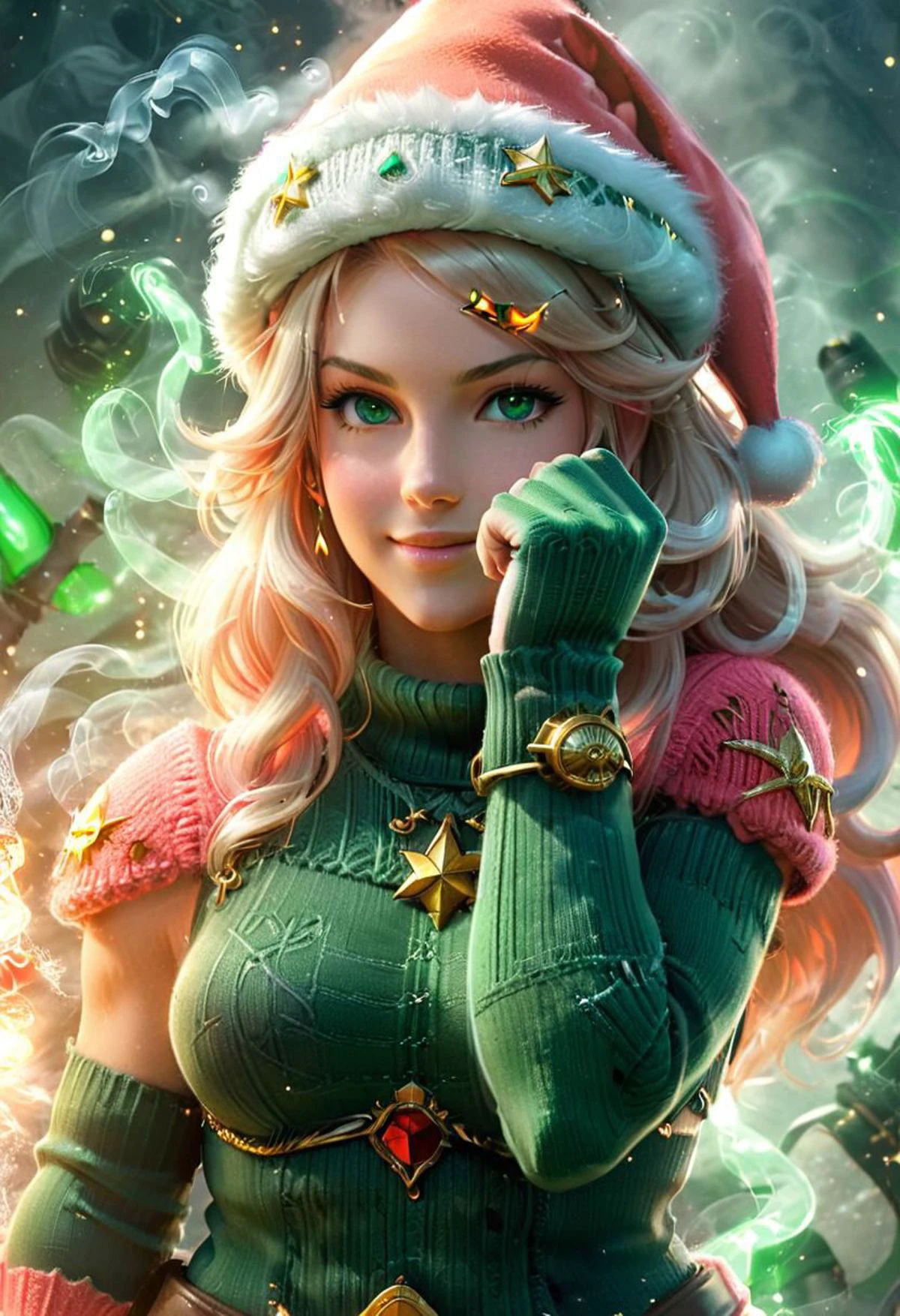 super Close Up Portrait, astra militarum
greenteam fighting stance, fists up, instant christmas, Simple color Palette, Hd, very Detailed, awesome Quality, reflecting, luminescent, translucent, Ethereal, Aura, princess Peach necron, smiling, santa hat, ChristmasSweater, White smoke, light beams through smoke, Bruce Lees iconic posing fighting frame, fists up,