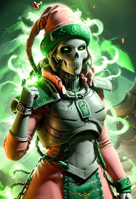 super Close Up Portrait, astra militarum
greenteam necrons necron, fighting stance, fists up, instant christmas, Simple color Palette, Hd, very Detailed, awesome Quality, reflecting, luminescent, translucent, Ethereal, Aura, princess Peach necron, smiling, santa hat, ChristmasSweater, White smoke, light beams through smoke, Bruce Lees iconic posing fighting frame, fists up,