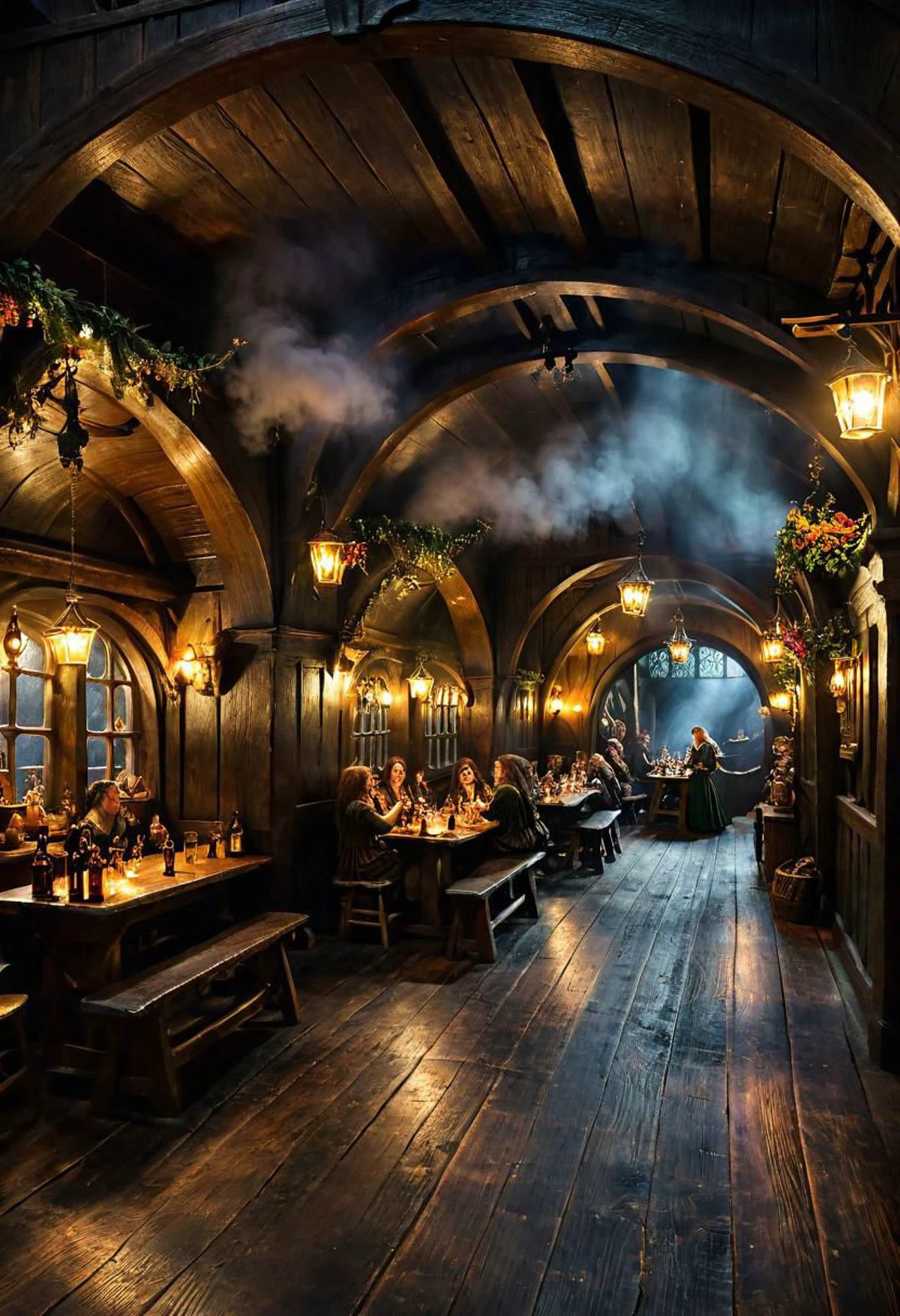 a lively celebration scene, barmaids serve beer to dwarves and elfes, a smoky Middle-earth tavern by Tolkien, dancing hobbit, long hallway, wooden floor, small round wooden windows, dwarves, elves, foggy, celebrating at long tables, dark light, ethereal dark mood, gloomy, smoke, translucent, luminous,