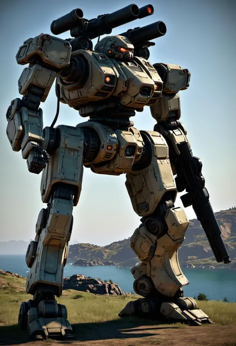 3d model, 8k, masterpiece, sidelighting, hdr, high definition, (BATTLETECH:0.6), (mech), robot, a heavy mech, hawken, full body, holding gun, glowing ,<lora:srdxl_v1_5g:0.8>, high resolution, beautiful, highest quality, masterpiece, highly detailed