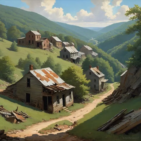 a classic landscape painting of an abandoned mining town in the hills of West Virginia, by Jean-Honoré Fragonard and by Édouard Manet and by Doug Chiang