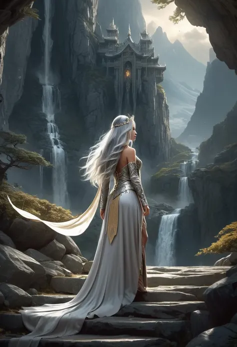 beautiful female character, long silver hair, ornate tiara, fantasy, full body, in a mountain shrine, wearing silver and gold robes, steep rocky path, landscape view, Concept art, fantasy, dragons, mountains, waterfall, 
(Cinematic, moody lighting), 
<lora:offset_0.2:0.5>