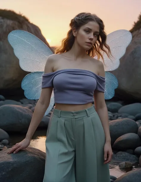 (art by Philipp Otto Runge:1.3), pebble art, Pastels artwork of a Moody voluptuous Fairy, wearing Set designer Culottes and off-the-shoulder top, Intellectual hair, inside a Liquid Channel, at Twilight, FOV 90 degrees, Kingcore, digital cinematic color grading natural lighting cool shadows warm highlights soft focus actor directed cinematography dolbyvision